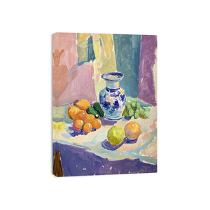 Colorful fruit and ceramic vase still life painting for dining room decor