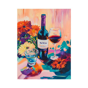 Colorful wine bottle and floral still life artwork for dining room decor