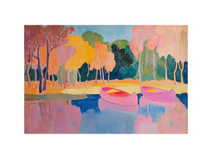 Pink boats landscape canvas art for modern living room decor.