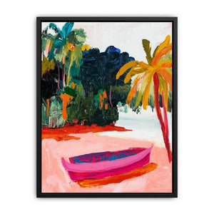 Tropical boat canvas art for colorful coastal interiors.