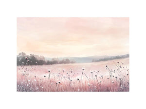Soft pastel meadow landscape artwork for calming bedroom wall decor.