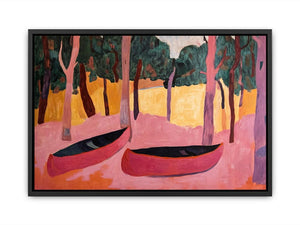 Modern forest canoe artwork with pink tones for contemporary living room decor.