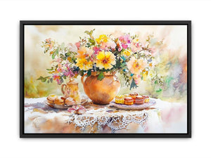 Watercolor floral still life artwork for elegant dining room decor.