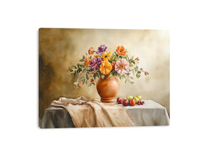 Floral still life canvas art with vase and fruit for dining room decor.