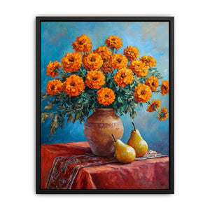 Orange marigold canvas print with pears for modern living room decor.