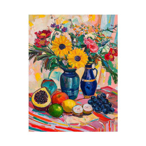 Colourful floral still life artwork with fruit and vases for kitchen decor.