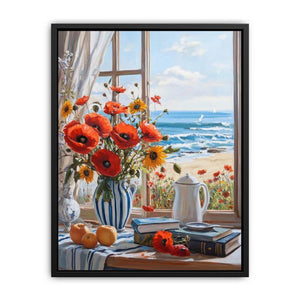 Coastal poppy canvas art with ocean window view for beach house decor.