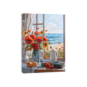Coastal poppy canvas art with ocean window view for beach house decor.