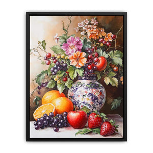 Fruit and floral canvas print with porcelain vase for dining room decor.
