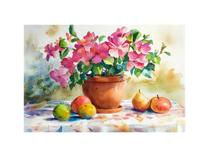 Watercolor flower canvas with potted blooms and fruit for kitchen decor.