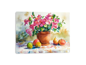 Watercolor flower canvas with potted blooms and fruit for kitchen decor.