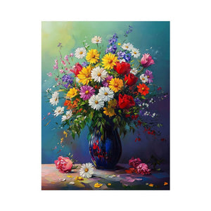 Floral vase canvas art with daisies and roses for luxury living room decor.