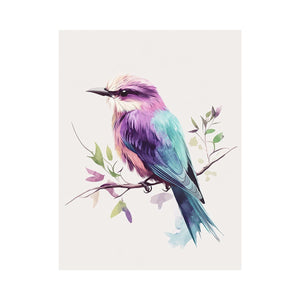 Purple bird canvas print with botanical branch for bedroom decor.