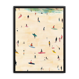 Beach surfer artwork with small figures and boards for coastal room decor.