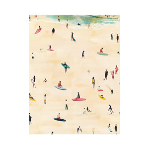 Beach surfer artwork with small figures and boards for coastal room decor.