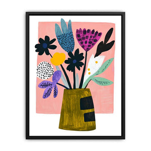 Graphic floral canvas art with pink background and bold flowers for modern decor.