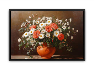 Traditional daisy and rose still life canvas art for dining room decor.