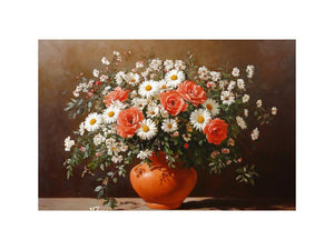 Traditional daisy and rose still life canvas art for dining room decor.