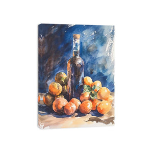 Watercolor orange and bottle still life canvas art for kitchen decor.