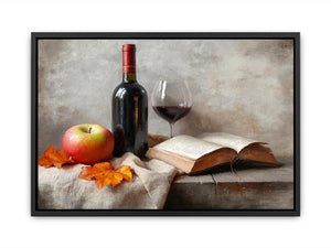 Traditional wine bottle, apple and book canvas art for study decor.