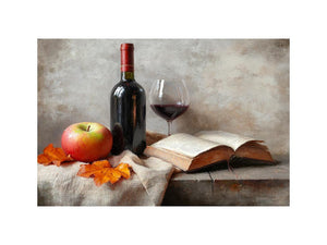 Traditional wine bottle, apple and book canvas art for study decor.