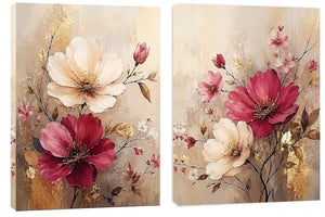Blush and ivory floral diptych canvas art with gold accents for elegant living room decor