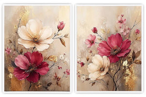Blush and ivory floral diptych canvas art with gold accents for elegant living room decor