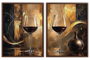 Black and gold wine glass abstract canvas art for luxury dining room and home bar decor.