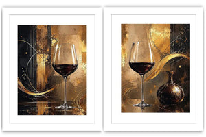 Black and gold wine glass abstract canvas art for luxury dining room and home bar decor.