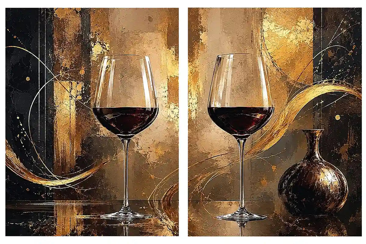 Black and gold wine glass abstract canvas art for luxury dining room and home bar decor.