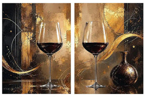 Black and gold wine glass abstract canvas art for luxury dining room and home bar decor.
