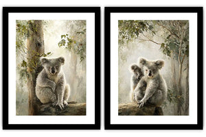 Soft koala forest diptych canvas art with eucalyptus trees for nursery or living room decor.