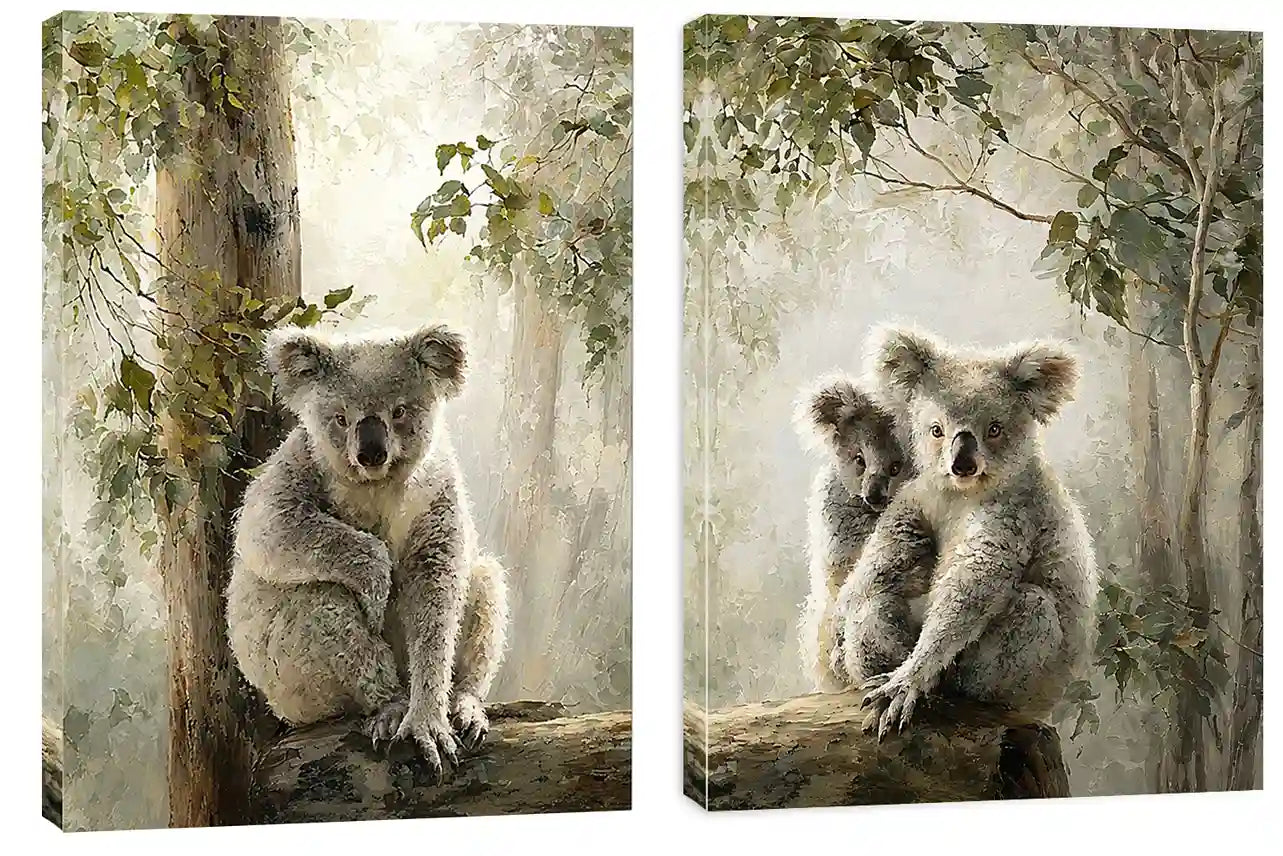 Soft koala forest diptych canvas art with eucalyptus trees for nursery or living room decor.