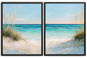 Coastal beach diptych canvas art with turquoise ocean for modern living room decor.