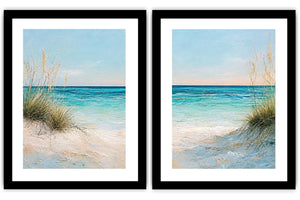 Coastal beach diptych canvas art with turquoise ocean for modern living room decor.