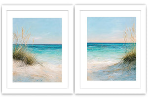 Coastal beach diptych canvas art with turquoise ocean for modern living room decor.