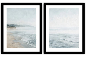 Misty coastal diptych canvas art with ocean waves and cliffs for modern living room decor.