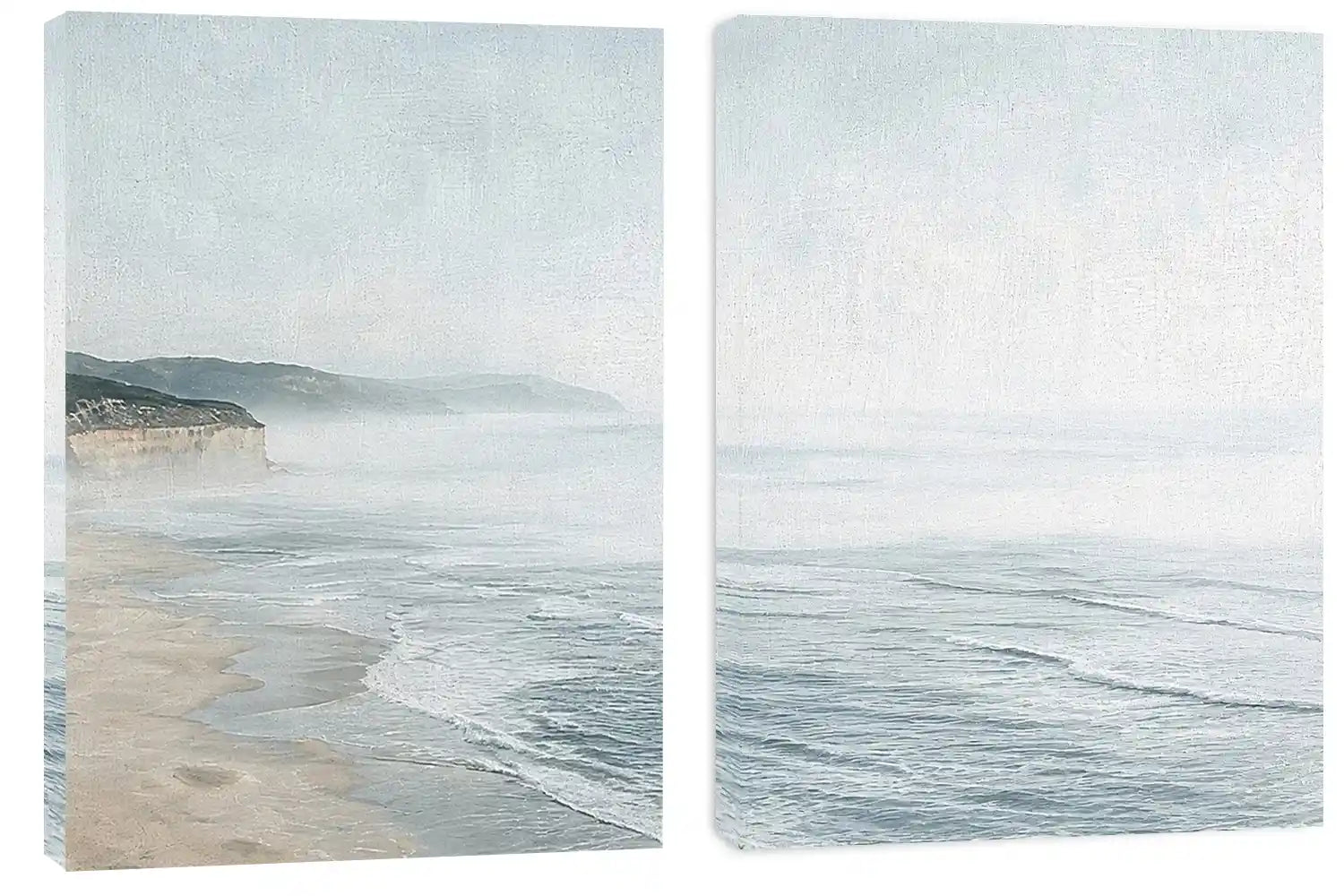 Misty coastal diptych canvas art with ocean waves and cliffs for modern living room decor.