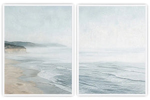 Misty coastal diptych canvas art with ocean waves and cliffs for modern living room decor.