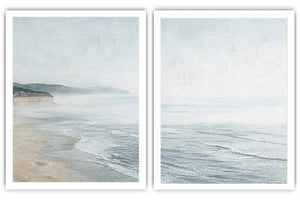 Misty coastal diptych canvas art with ocean waves and cliffs for modern living room decor.