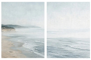 Misty coastal diptych canvas art with ocean waves and cliffs for modern living room decor.