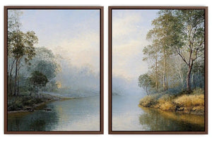 Misty river landscape diptych canvas art with trees for elegant living room decor.