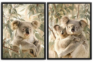 Soft koala eucalyptus diptych canvas art for nursery or modern living room decor.