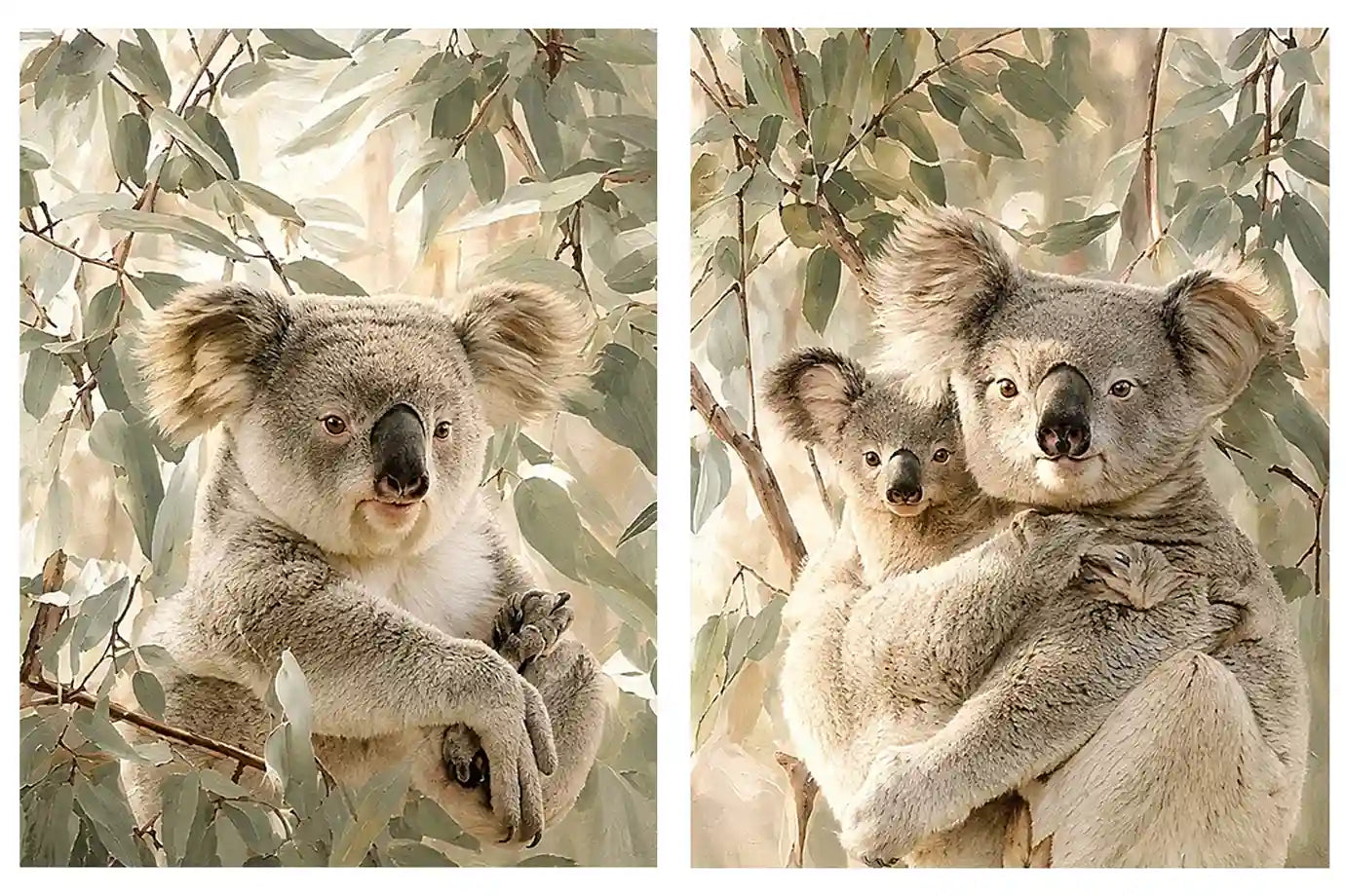 Soft koala eucalyptus diptych canvas art for nursery or modern living room decor.
