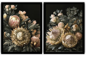 Dark floral diptych canvas art with protea roses and eucalyptus for elegant living room decor.