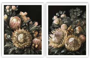 Dark floral diptych canvas art with protea roses and eucalyptus for elegant living room decor.