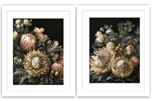 Dark floral diptych canvas art with protea roses and eucalyptus for elegant living room decor.