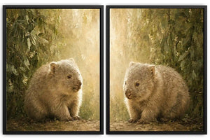 Soft wombat diptych canvas art with forest leaves for nursery or modern living room decor.