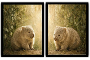 Soft wombat diptych canvas art with forest leaves for nursery or modern living room decor.