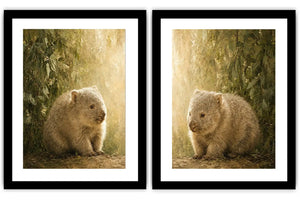 Soft wombat diptych canvas art with forest leaves for nursery or modern living room decor.